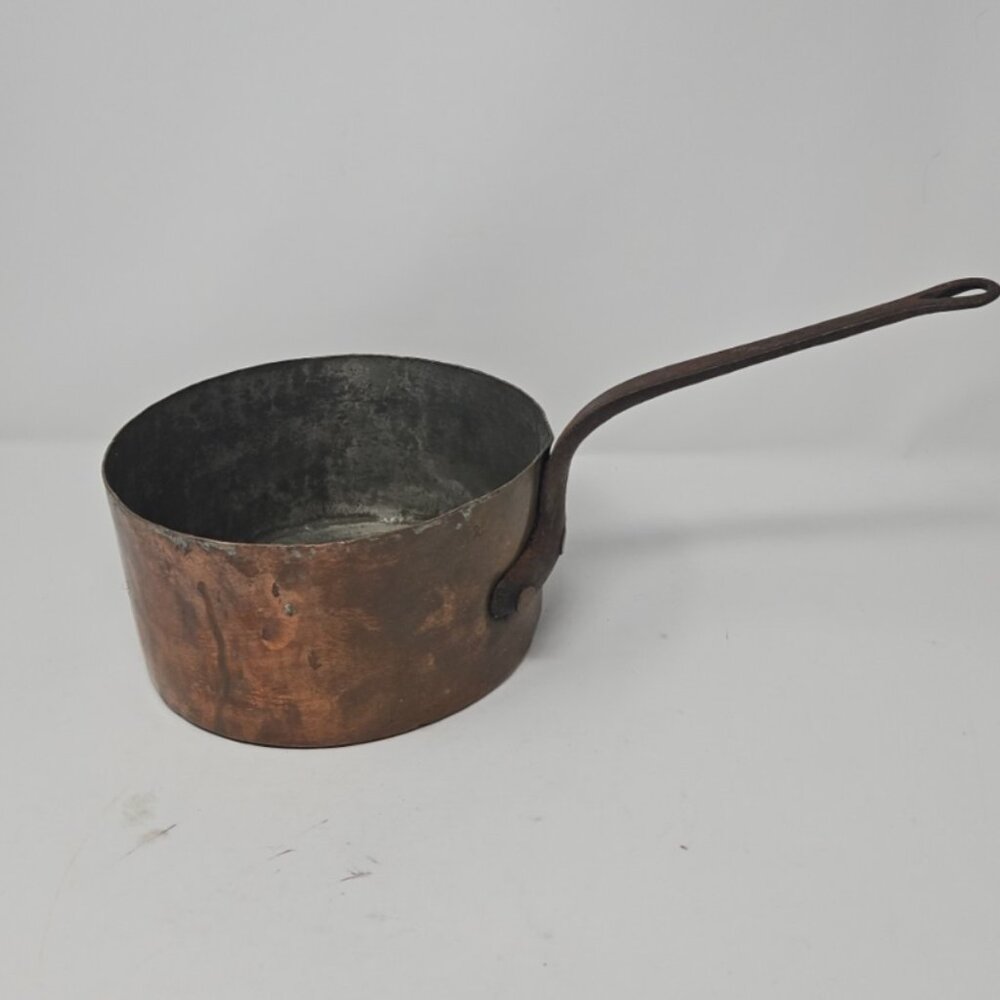 Antique 19th C French Hammered Copper Saucepan Pot Cast Iron Handle Initialed
